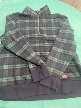 L.L. Bean Navy & Green Plaid Leather Patch Pullover